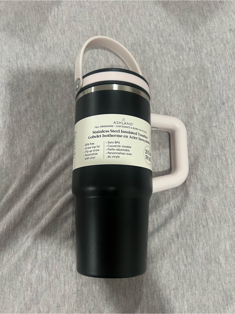Ashland Black Stainless Steel Insulated Travel Mug with Pink Handle 20oz